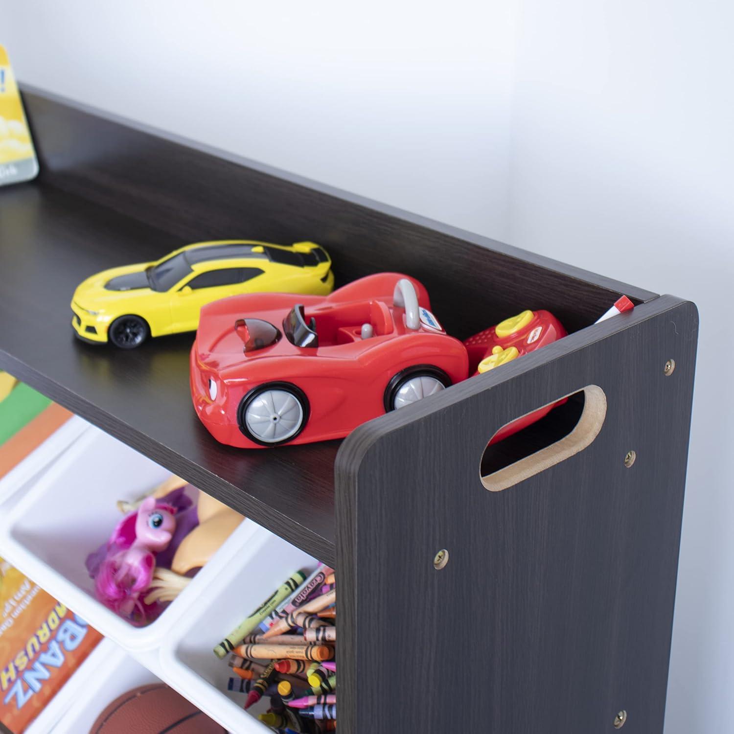 Humble Crew Espresso Toy Storage Organizer with Shelf and 9 Plastic Storage Bins, Espresso/White