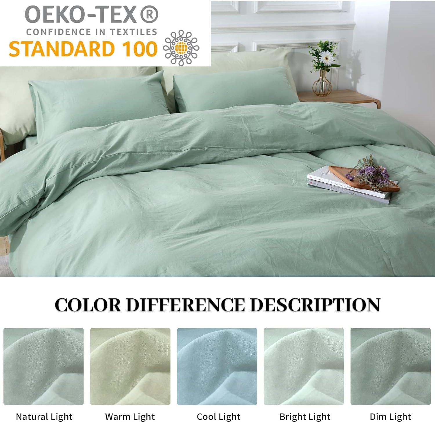 NEXHOME PRO Duvet Cover Set Queen Size Linen Look Textured Organic Natural 100% Washed Cotton Duvet Cover Teal 3 Pieces Bedding Set with Zipper Closure, Breathable, Soft (Aqua Green, No Comforter)