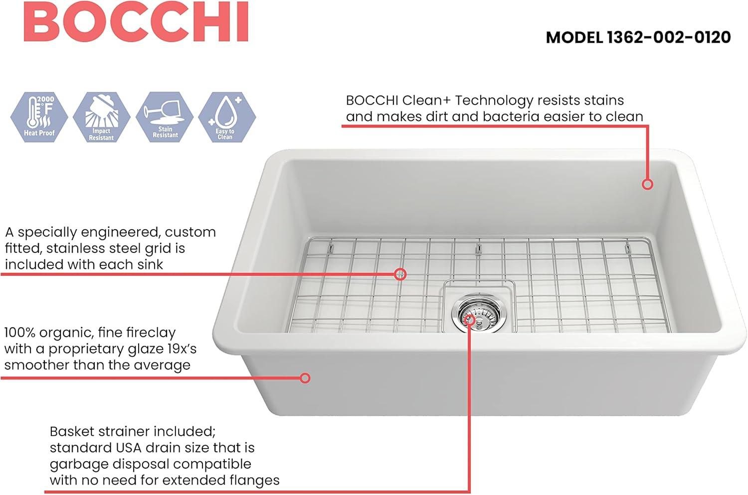 BOCCHI Sotto Undermount Fireclay 32 in. Single Bowl Kitchen Sink with Protective Bottom Grid and Strainer in Matte White