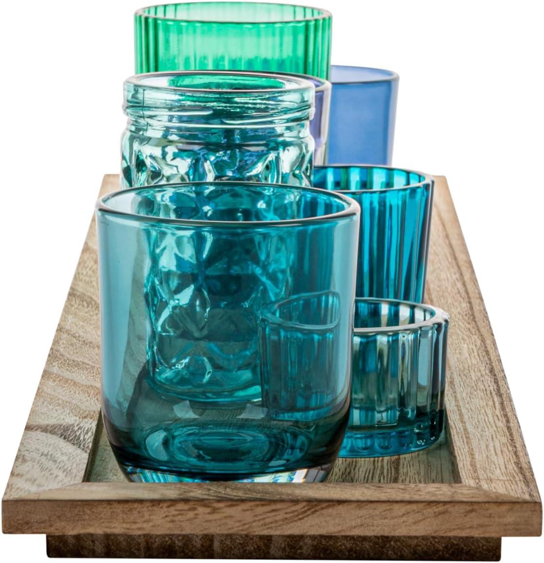 Creative Co-Op Wood Tray with 9 Blue & Green Glass Votive Holders (Set of 10 Pieces)