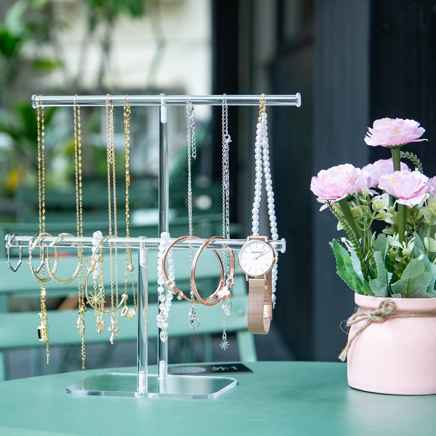 Premium Jewelry Stand , Solid Clear 2-Tier Acrylic Jewelry Organizer Stand & Bracelet holder Stand for Necklace Display, Ring & Watch Display