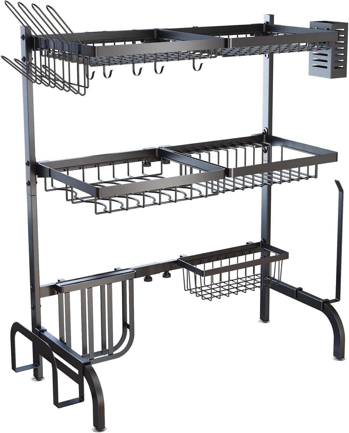 Adjustable Black Metal Over Sink 3-Tier Dish Drying Rack with Utensil Cup