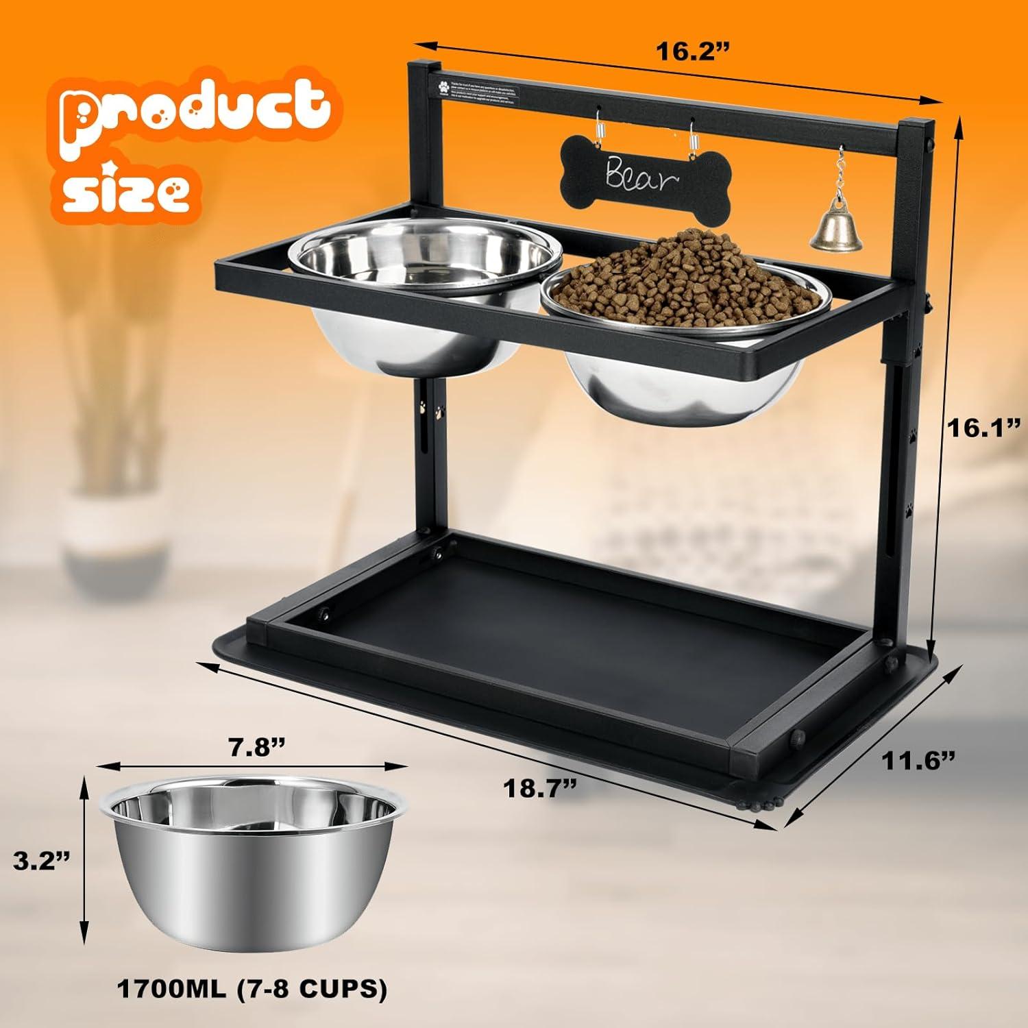 Adjustable Height Black Metal Elevated Dog Bowl Stand with Stainless Steel Bowls