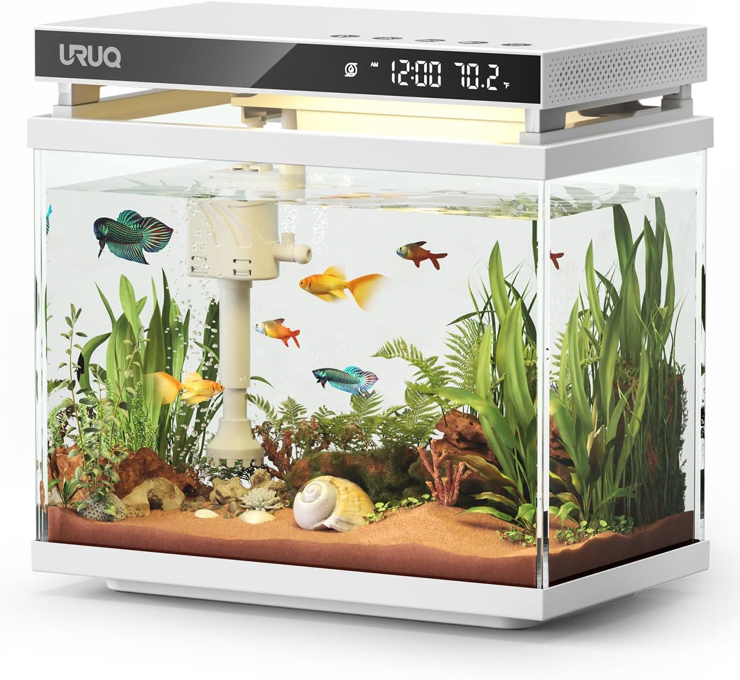Latitude Run® Fish Tank Smart Aquarium Kit: 2 Gallon UHD Glass Silent Water Pump Self Cleaning Multi Layer Filtration System - Temperature Sensing 7-Color Lighting For Small Fish Betta Kids Room Desktop Decor