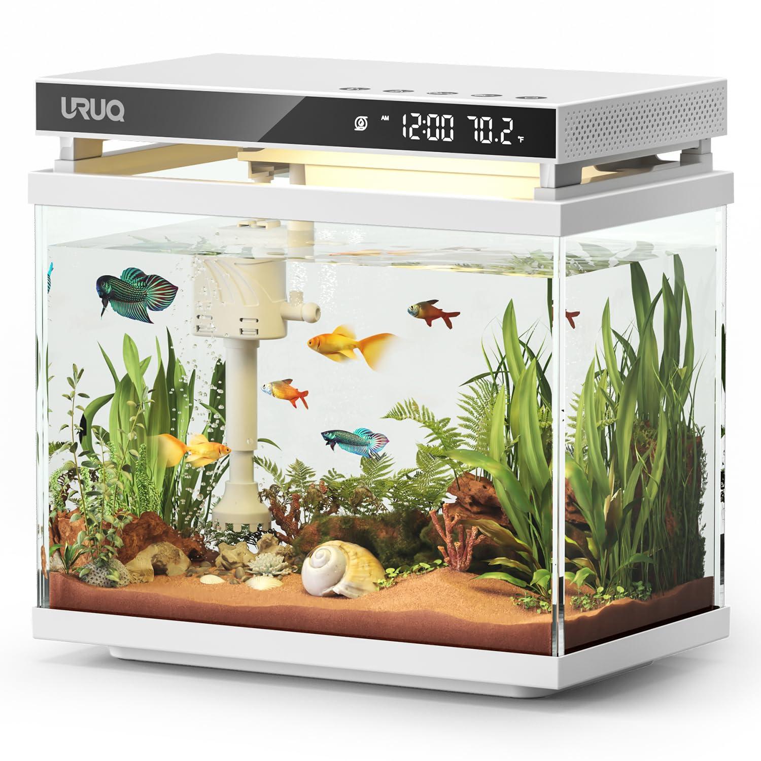 Latitude Run® Fish Tank Smart Aquarium Kit: 2 Gallon UHD Glass Silent Water Pump Self Cleaning Multi Layer Filtration System - Temperature Sensing 7-Color Lighting For Small Fish Betta Kids Room Desktop Decor