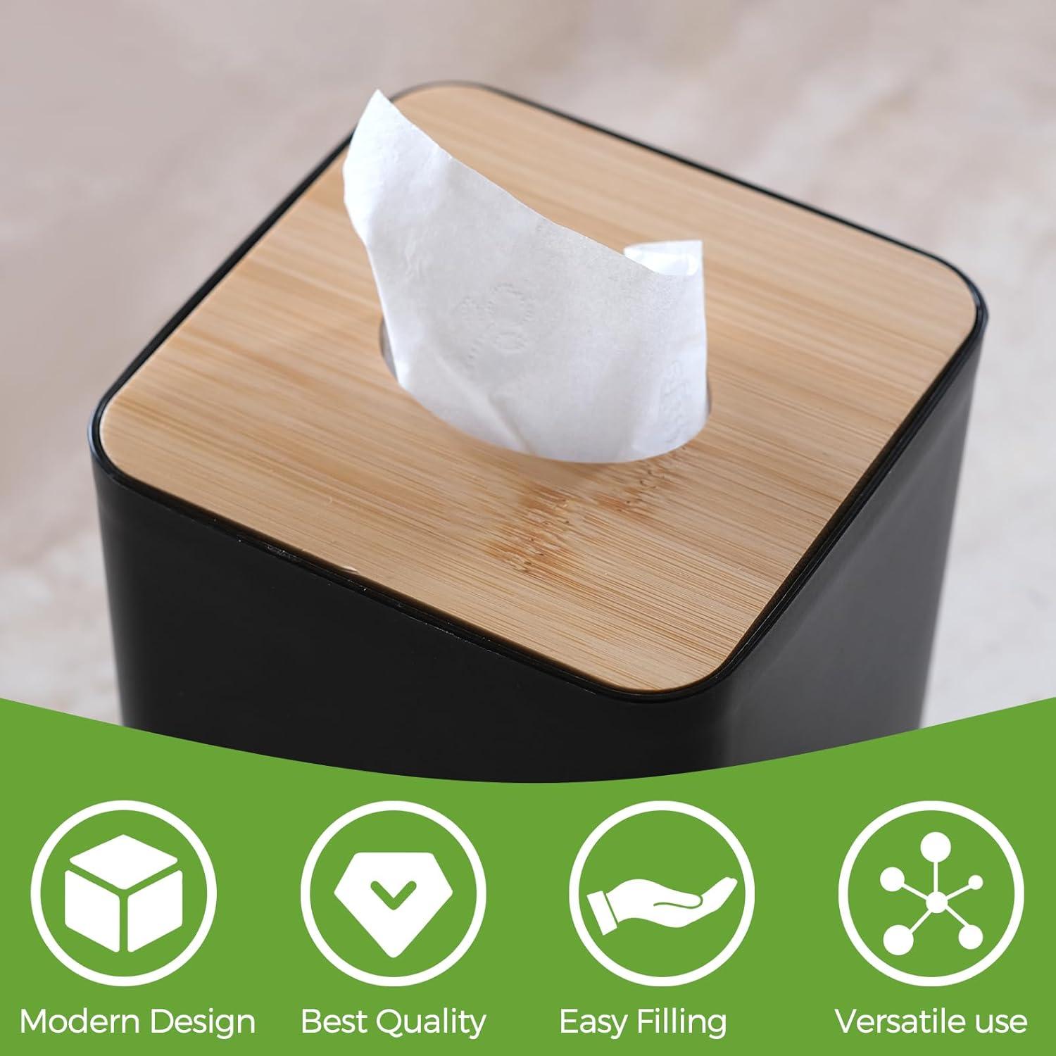 Black Bamboo Lid Square Tissue Box Holder