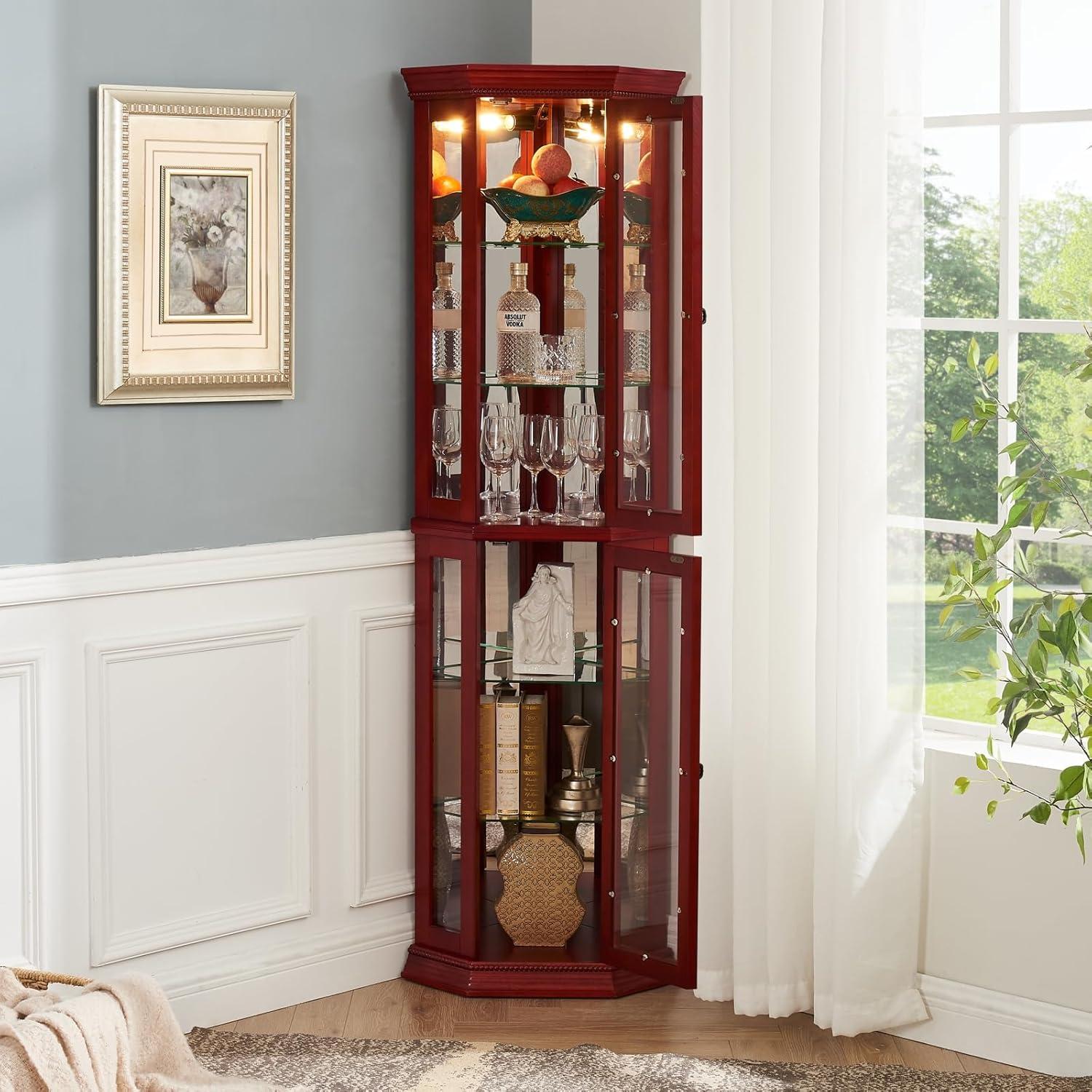 Lighted 3-Side Glass Display Curio Cabinet with Tempered Glass Doors and Shelves, Curved Wood Corner Cabinet with Bulb, Cherry