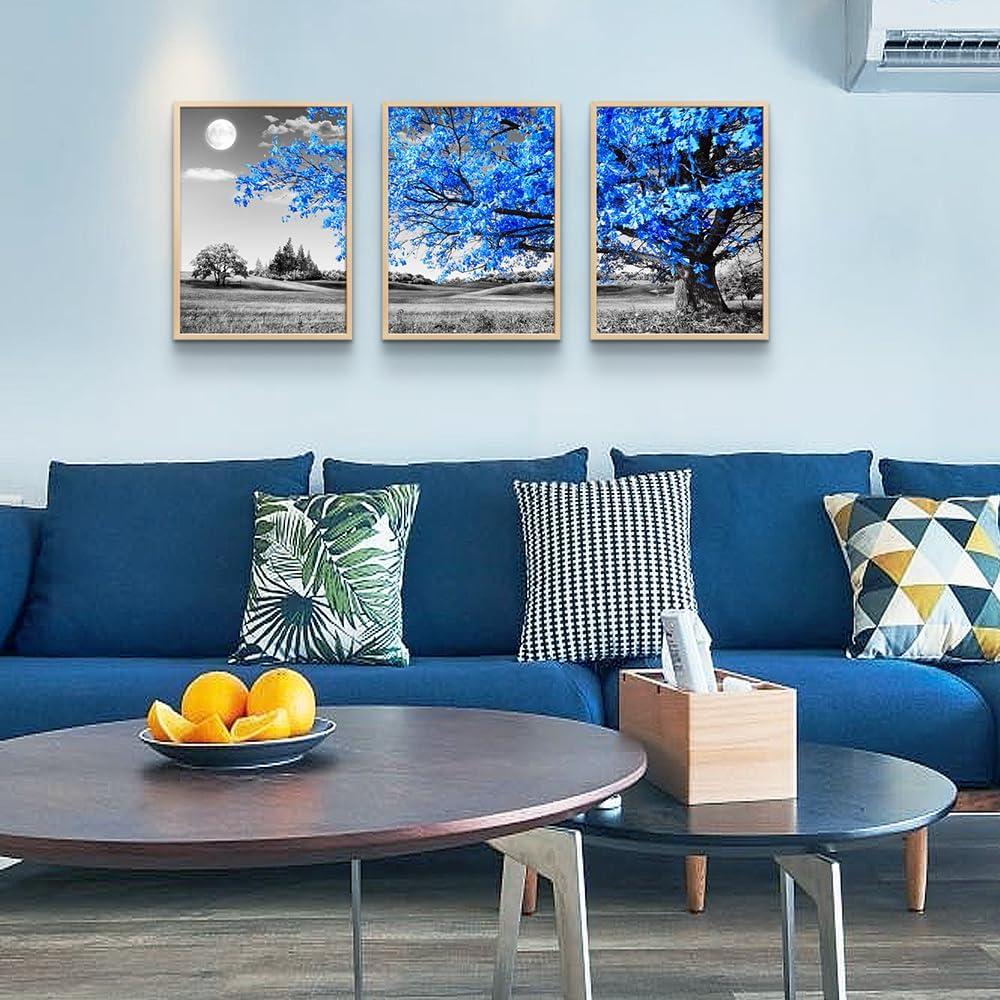 Wall Art For Living Room black and white Blue tree moon Canvas Wall Decor for Home artwork Painting 12" x 16" 3 Pieces Canvas Print For bedroom Decor Modern Salon kitchen office Hang a picture