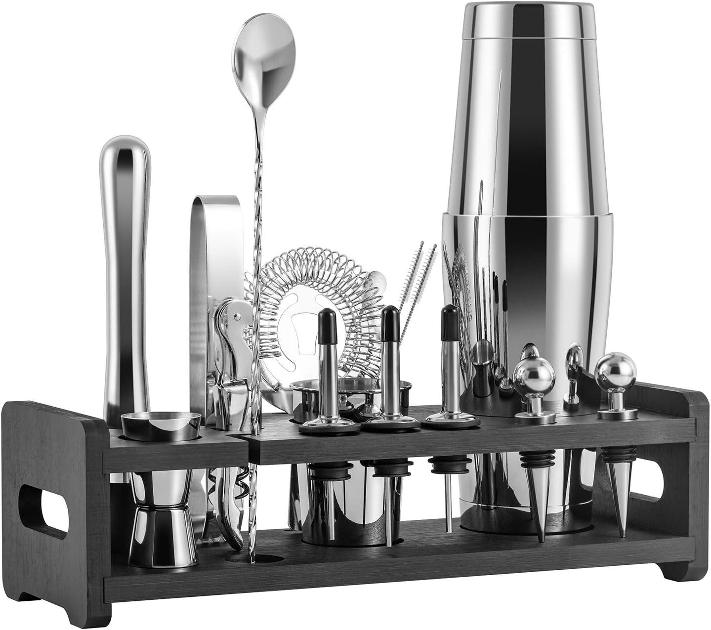 24-Piece Silver Stainless Steel Cocktail Shaker Set with Wooden Stand