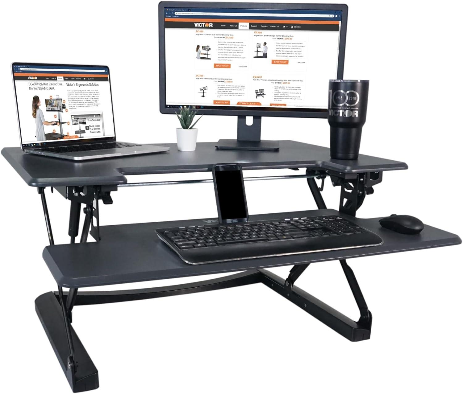 Elevate 36" Charcoal Gray & Black Wood Steel Sit-Stand Desk Converter