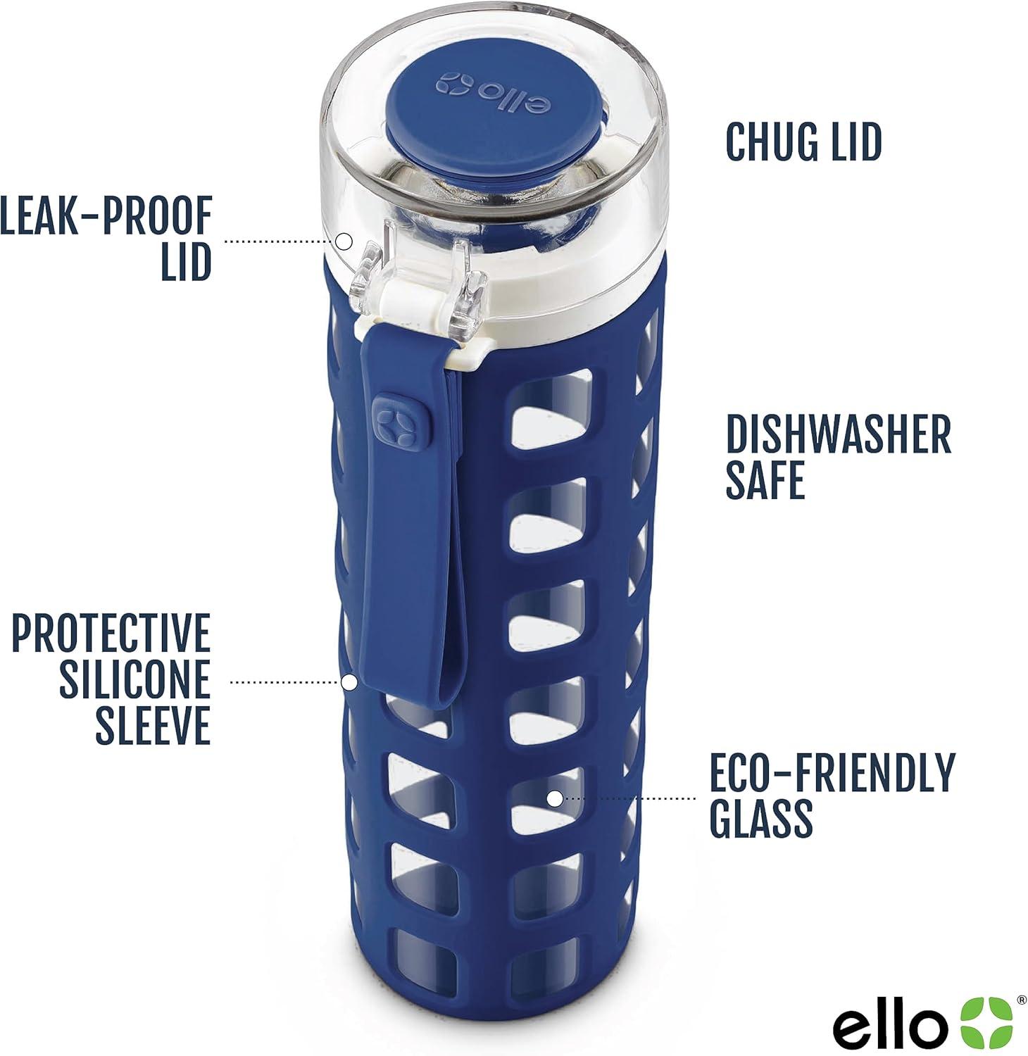 Ello Syndicate 20oz Reusable Glass Water Bottle with One-Touch Leak Proof Flip Lid and Protective Non-Slip Silicone Sleeve and Carry Loop for Coffee, Tea and Water, BPA-free Dishwasher Safe