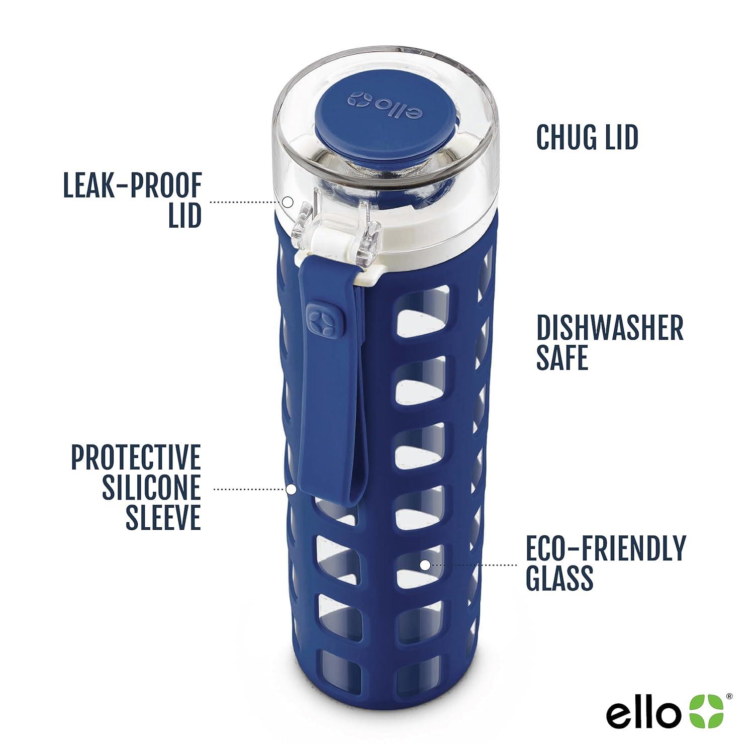 Ello Syndicate 20oz Reusable Glass Water Bottle with One-Touch Leak Proof Flip Lid and Protective Non-Slip Silicone Sleeve and Carry Loop for Coffee, Tea and Water, BPA-free Dishwasher Safe