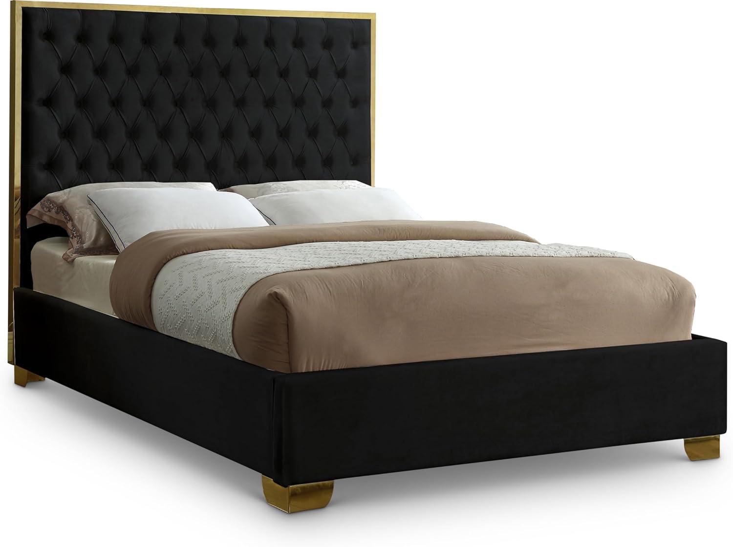 Lana Black Velvet Queen Bed-Color:Black Velvet,Finish:Gold,Style:Contemporary