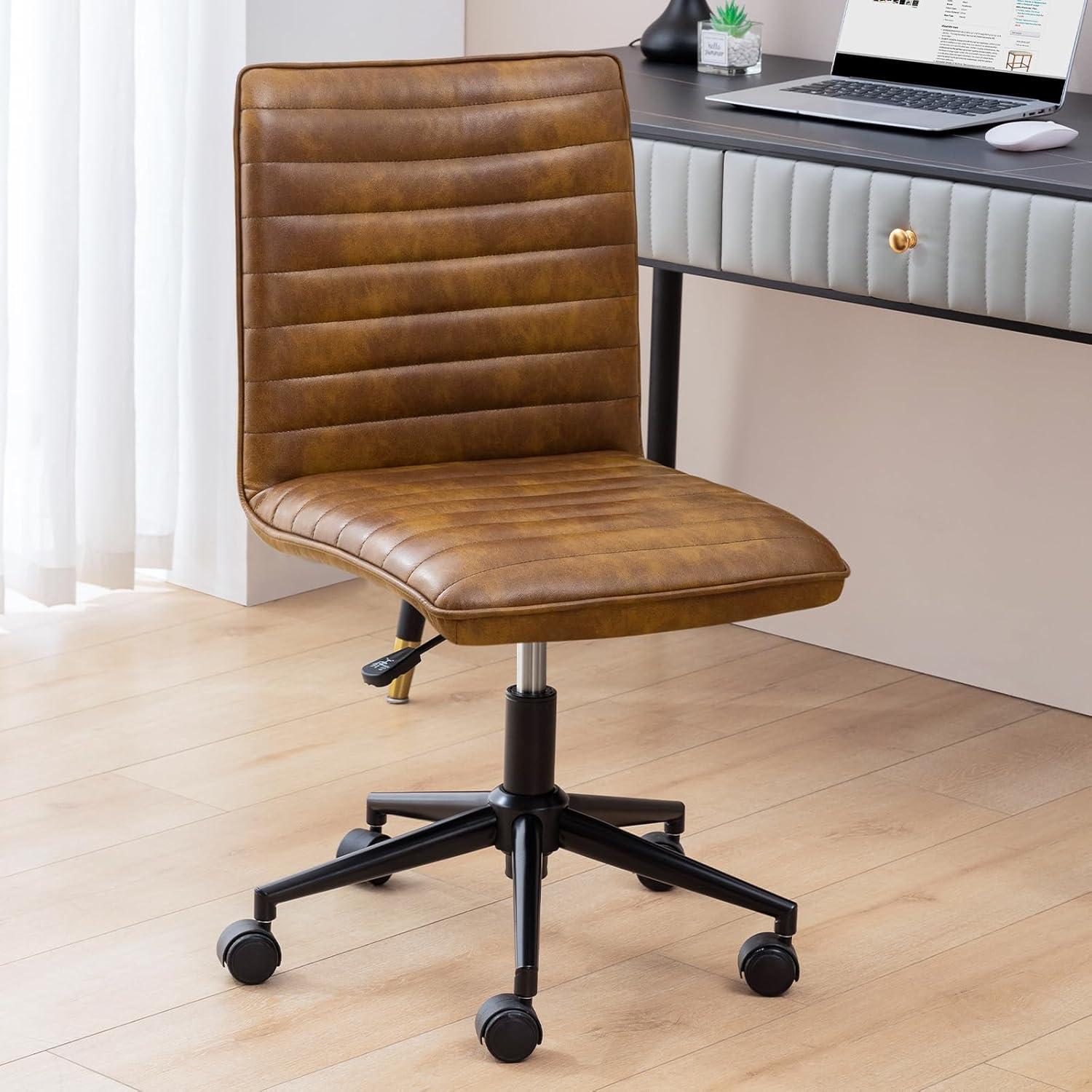 Dustyellow Leather Armless Swivel Task Chair with Black Base