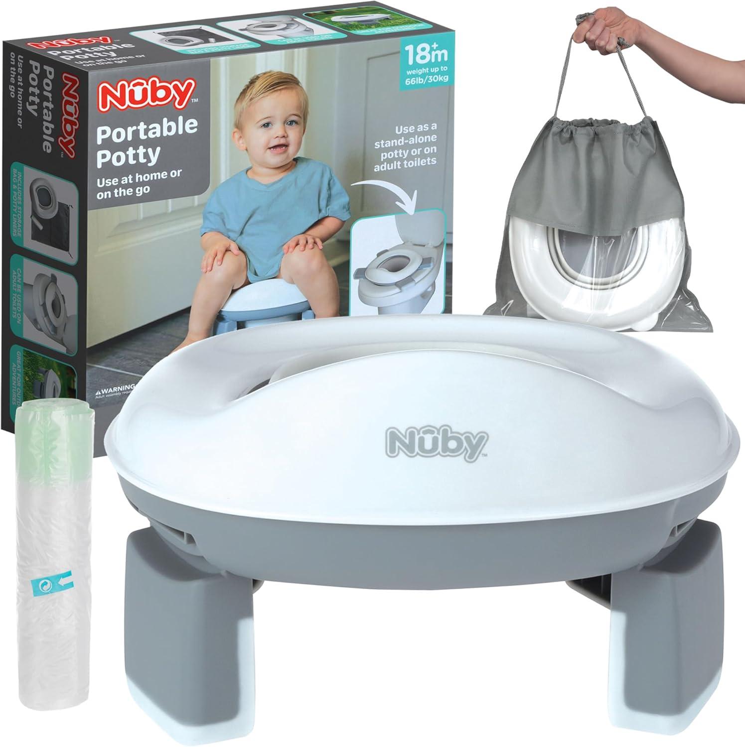 Nuby Portable Potty and Toilet Training Seat with Disposable Bags and Travel Bag, Gray/White