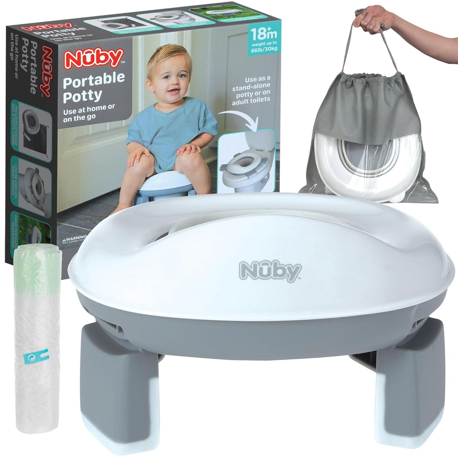 Nuby Portable Potty and Toilet Training Seat with Disposable Bags and Travel Bag, Gray/White