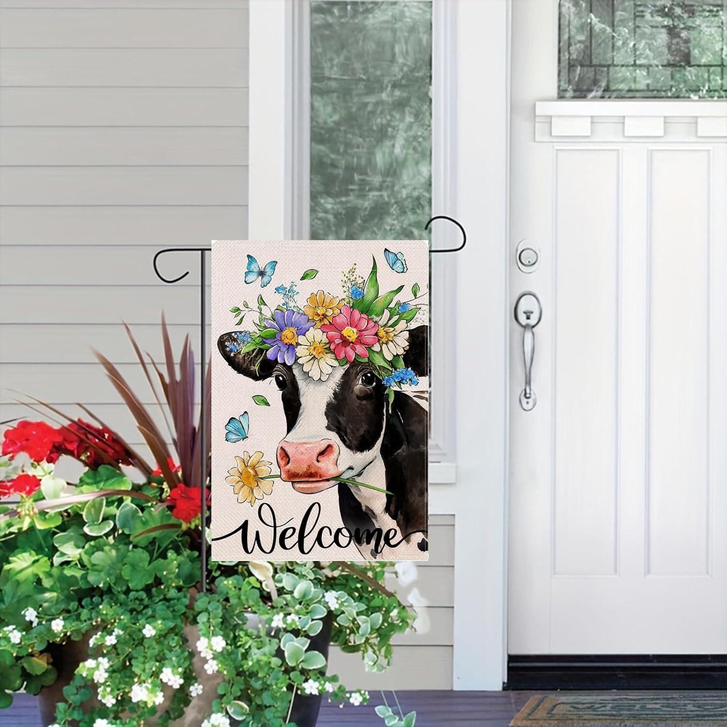 Spring Welcome Cow Garden Flag 12 x 18 inch Double Sided Outside decorations,Funny Cute Animal Flower Butterfly Small Garden Flags For Outdoor Yard Lawn