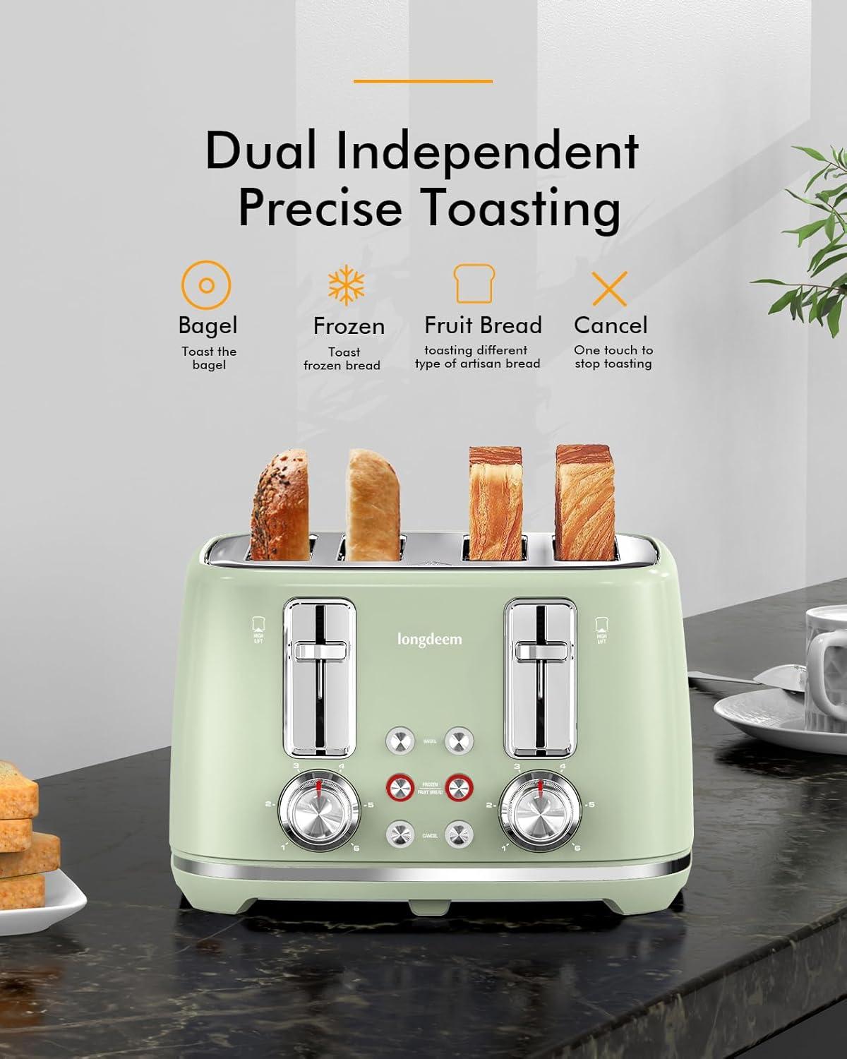 LONGDEEM 4 Slice Toaster, Extra Wide Slots, Longdeem Retro Stainless Steel Toasters, 6 Browning Options, Auto Shut Off & Frozen Function, Toast Fruit Bread, Bagel & Waffle