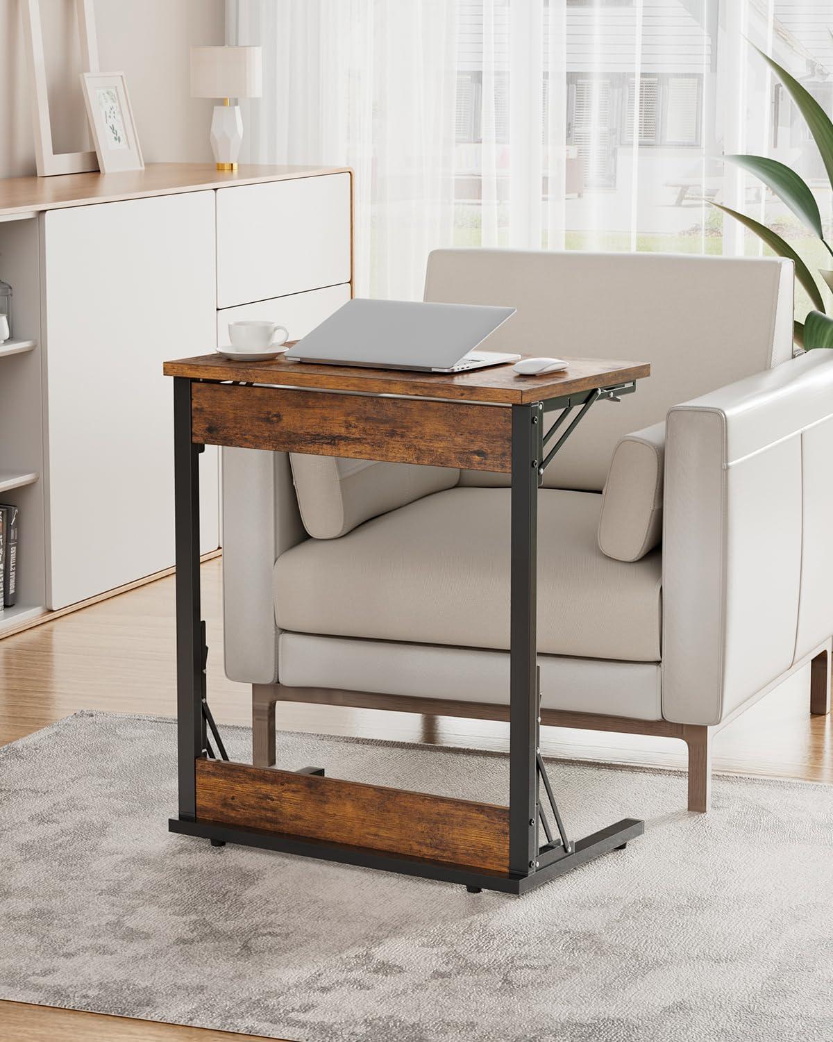 Folding TV Tray Table, 24" Wide C-Shaped End Table for Couches, Small Sofa-Side Laptop Desk with Metal Frame for Living Room, Bedroom, Rustic Brown