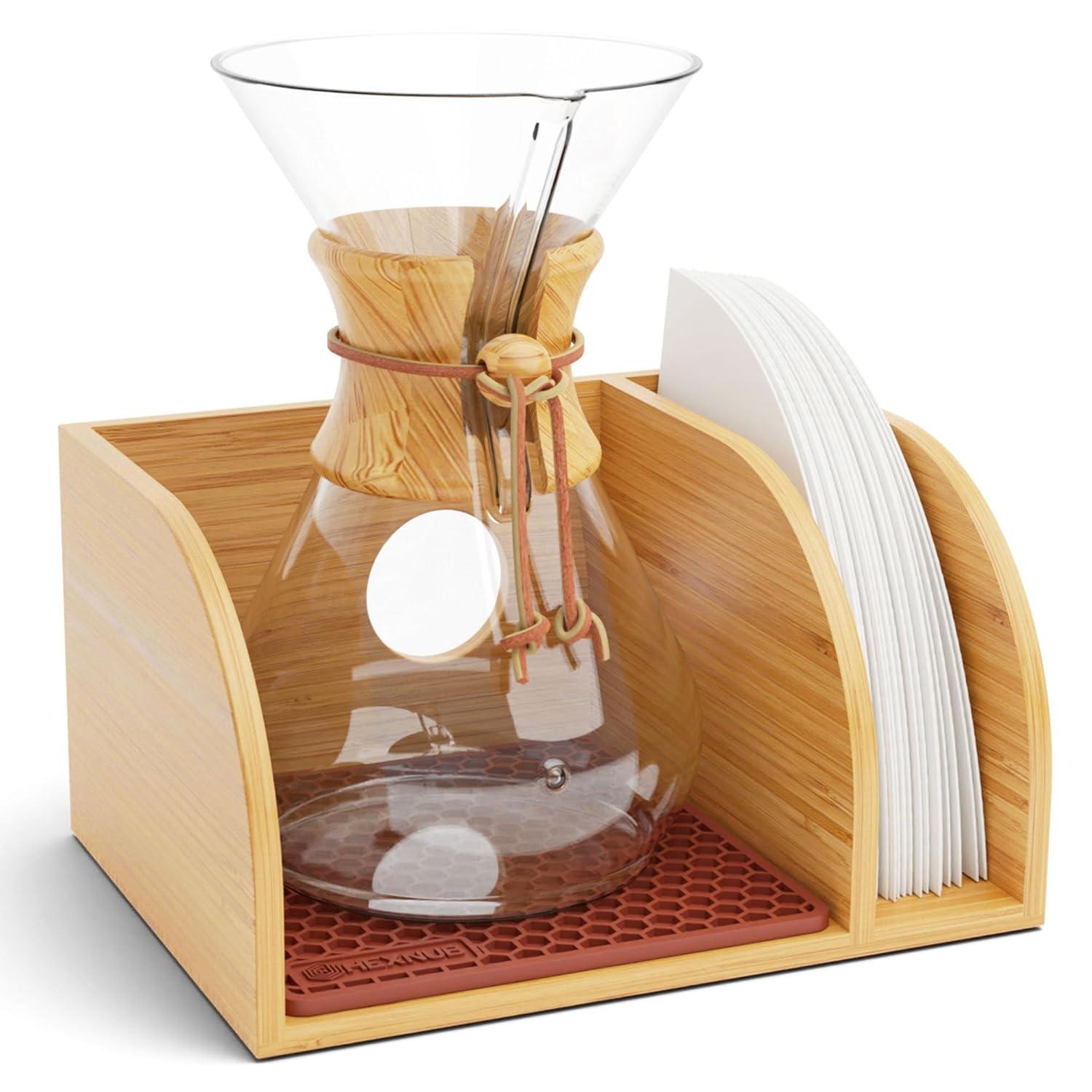 HEXNUB Bamboo Caddy for Chemex, Bodum, Cosori Pour Over Coffee Makers - Cork Mat