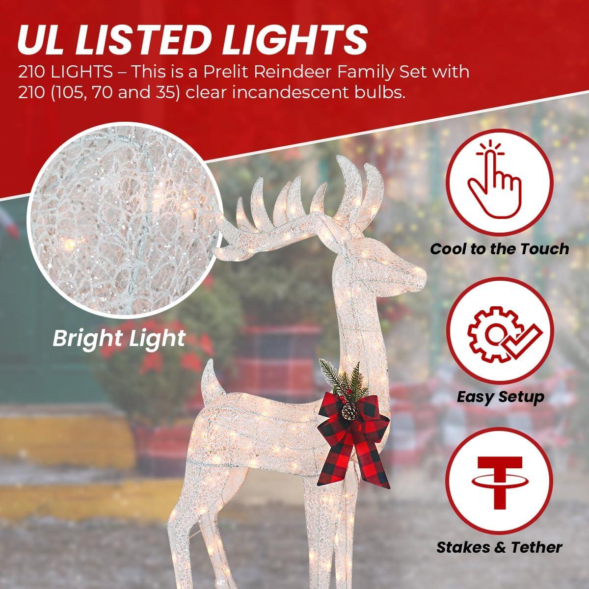 Large White Fabric Lighted Reindeer Family Set with Bows