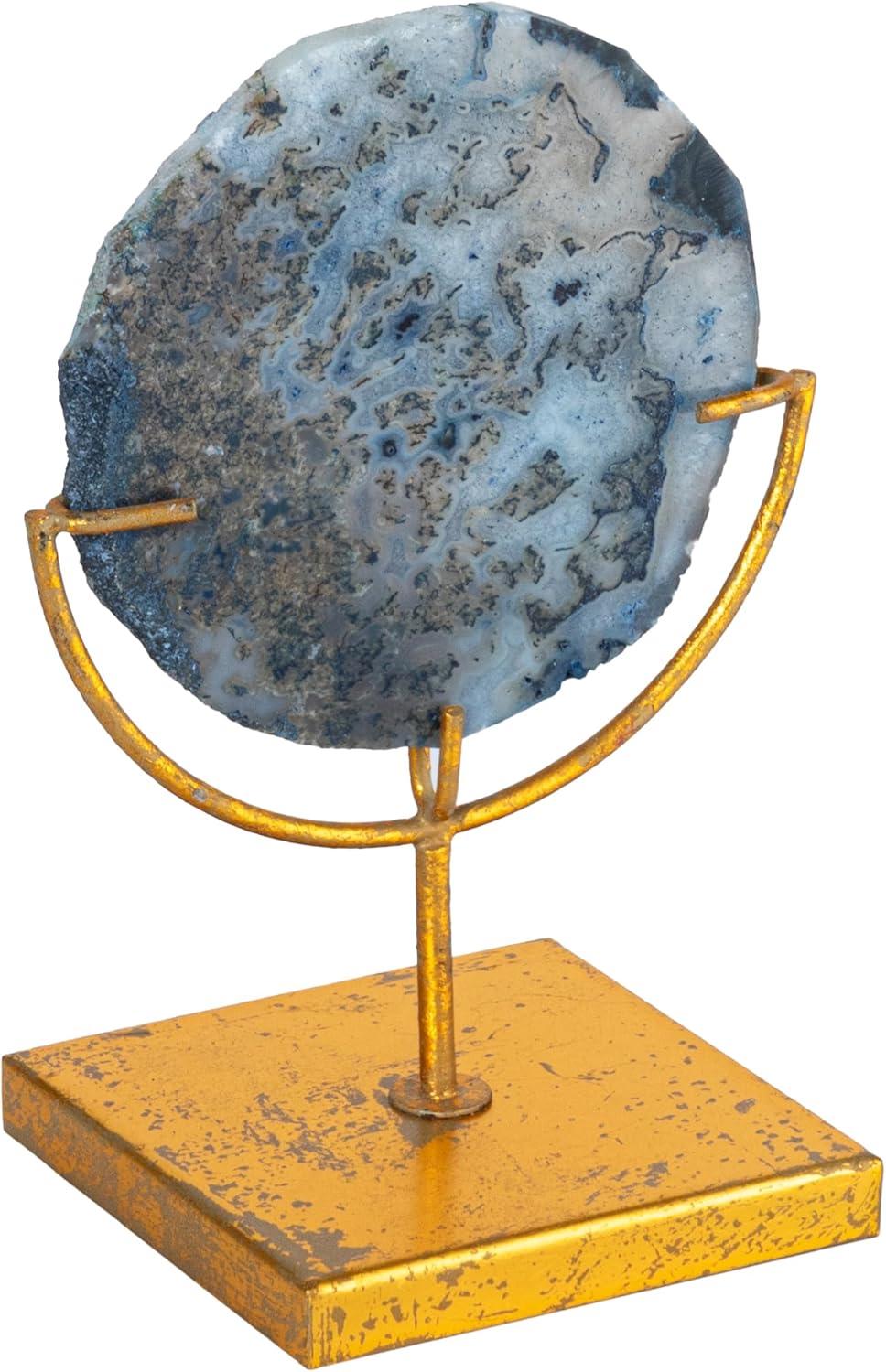 Blue Agate Stone Slice on Gold Metal Stand