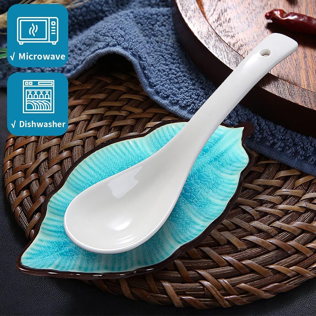 2 Pack Leaf Spoon Rest, Ceramic Ladle Holder, Modern Farmhouse Decorative Utensil Rester for Stove Top, Kitchen Counter, Dining Table, Coffee Station (Teal)