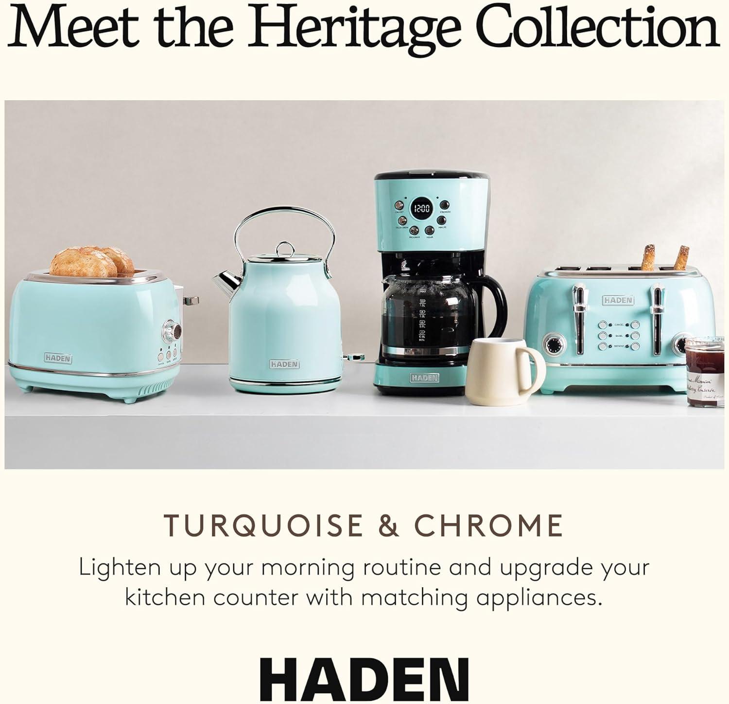 Haden Heritage 4 Slice Wide Slot Stainless Steel Toaster with Adjustable Browning Control & Non-Slip Feet, Turquoise & Chrome