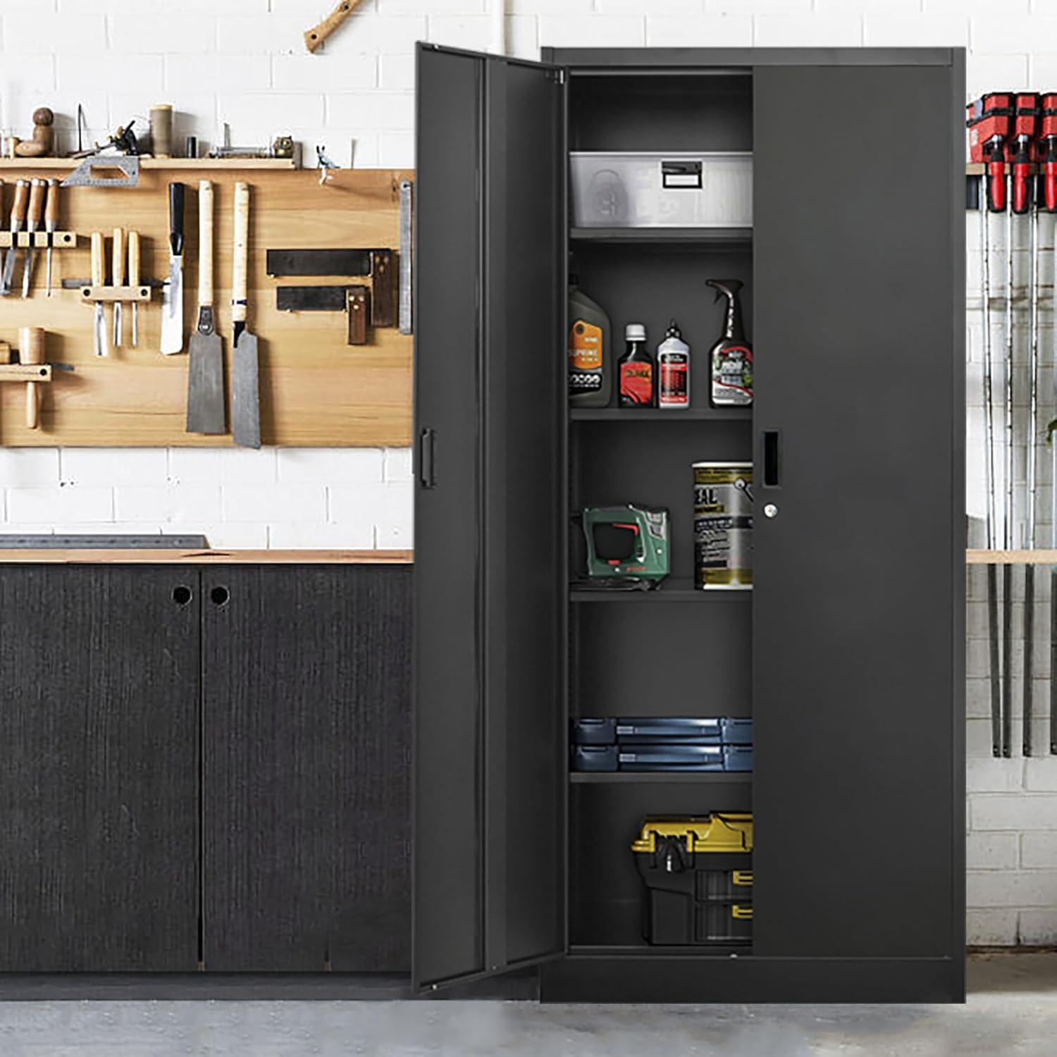 71"H Metal Garage Storage Cabinet, Black Tool Steel Locking Cabinet with Doors and 4 Shelves, Tall Cabinets for Garage Storage Systems Lockable File Cabinet for Home Office, Classroom/Pantry