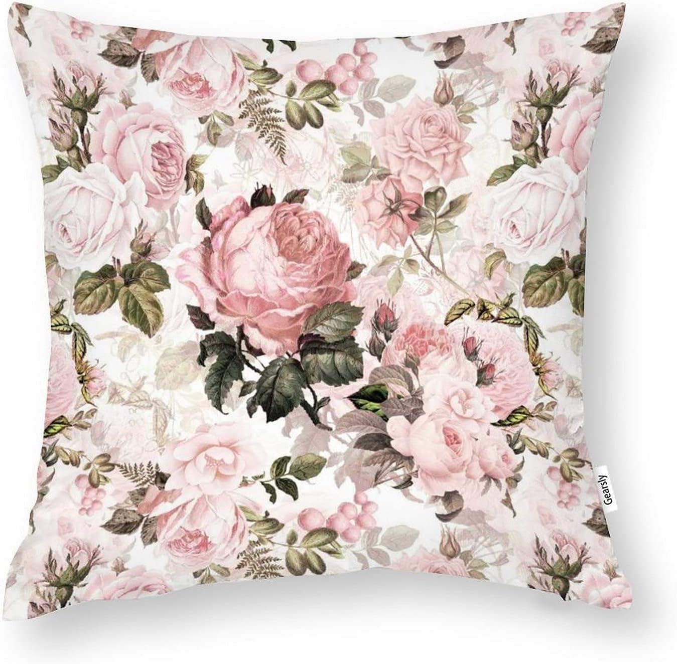 Vintage Floral Plants Throw Pillow Covers,Shabby Chic Pink Rose Velvet Pillowcase Home Decorative Cushion Covers for Sofa Bedroom Car Livingroom Home Decor 18"X18"