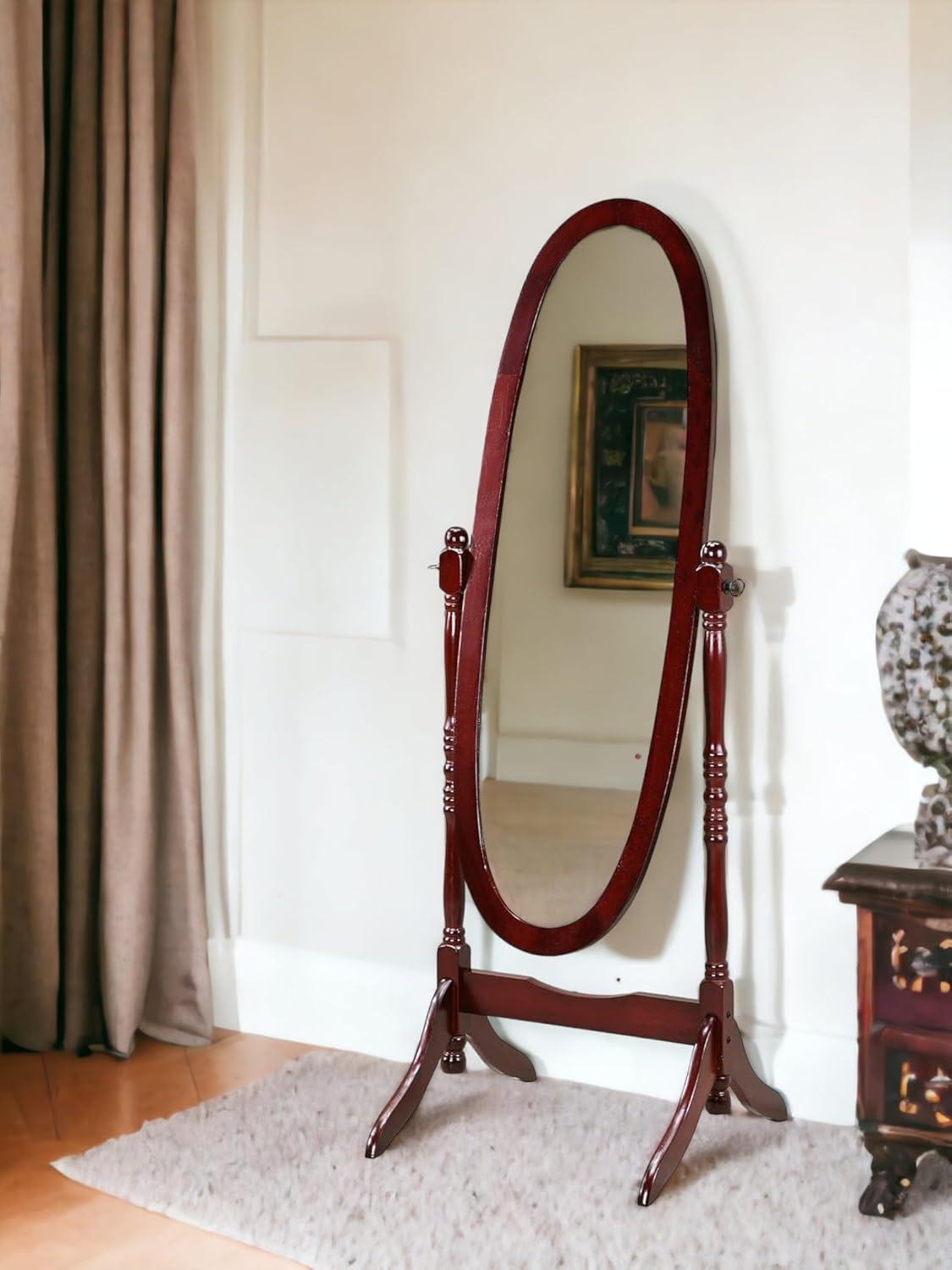 Roundhill Furniture Traditional Queen Anna Style Wood Floor Cheval Mirror Cherry