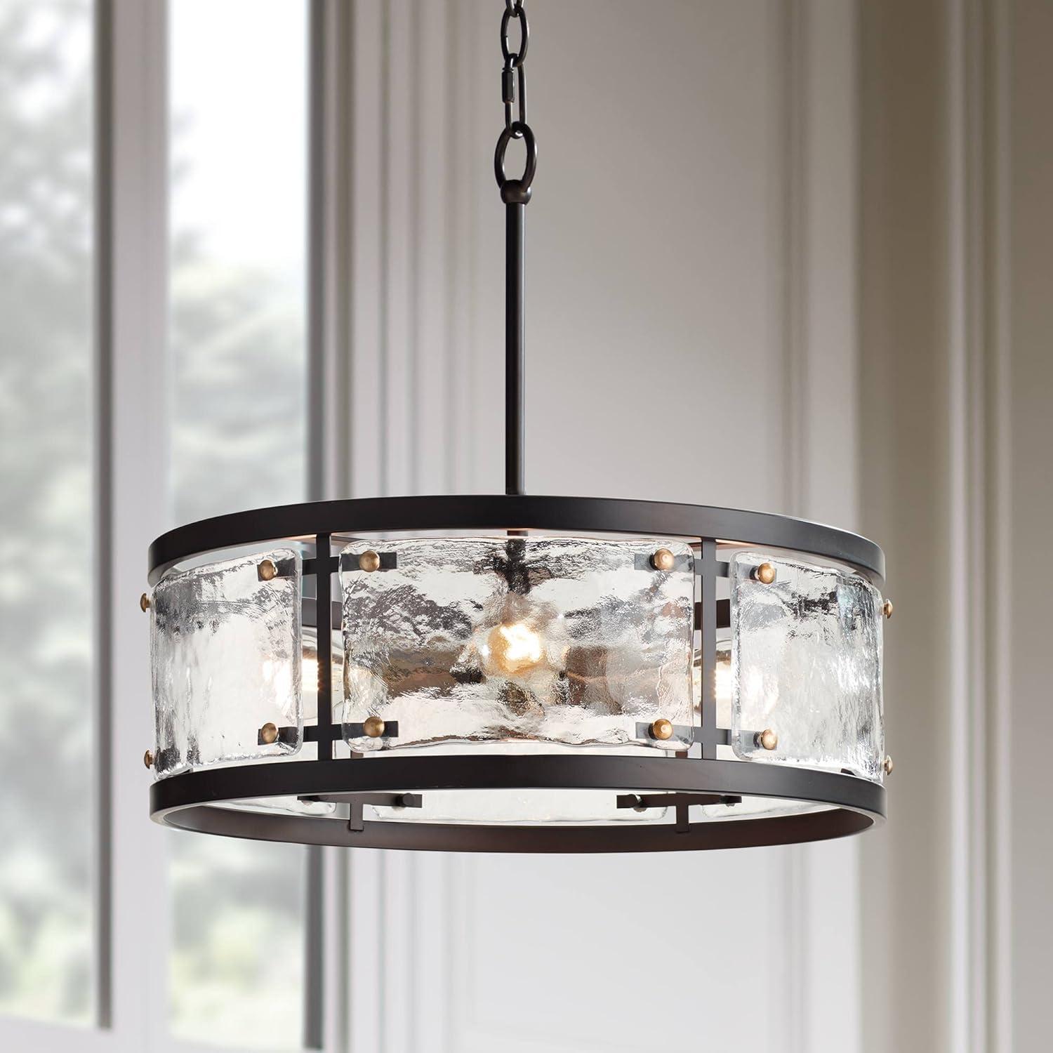 Possini Euro Design Campanelli Bronze Brass Pendant Chandelier 19" Wide Rustic Drum Waterglass Shade 4-Light Fixture for Dining Room Kitchen Island