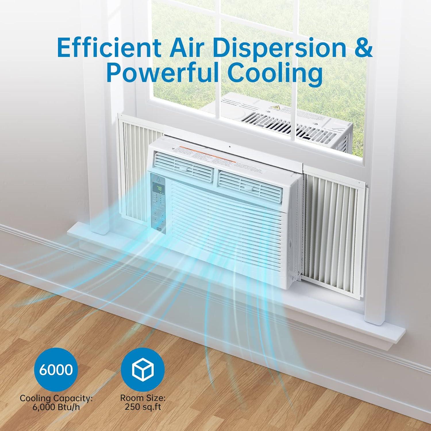 Homhougo 6,000 BTU Window Air Conditioner, 3-in-1 AC Unit (Cooling, Dehumidifying, Fan), Timer, Sleep/ECO Mode, Easy Installation Kit, Cools Rooms Up to 350 Sq.Ft, 115V/60Hz