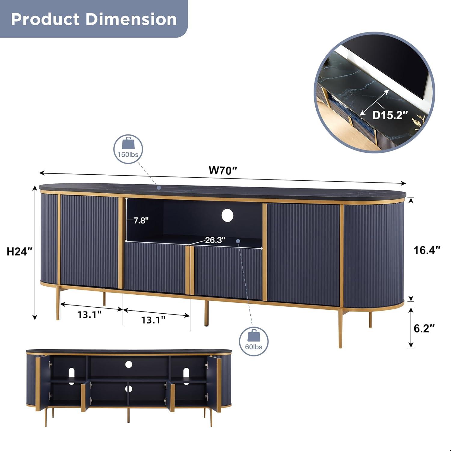 SinCiDo 70" Luxury TV Stand w/Faux Marble Top, Modern TV Console for TVs Up to 80 inches, Navy Blue