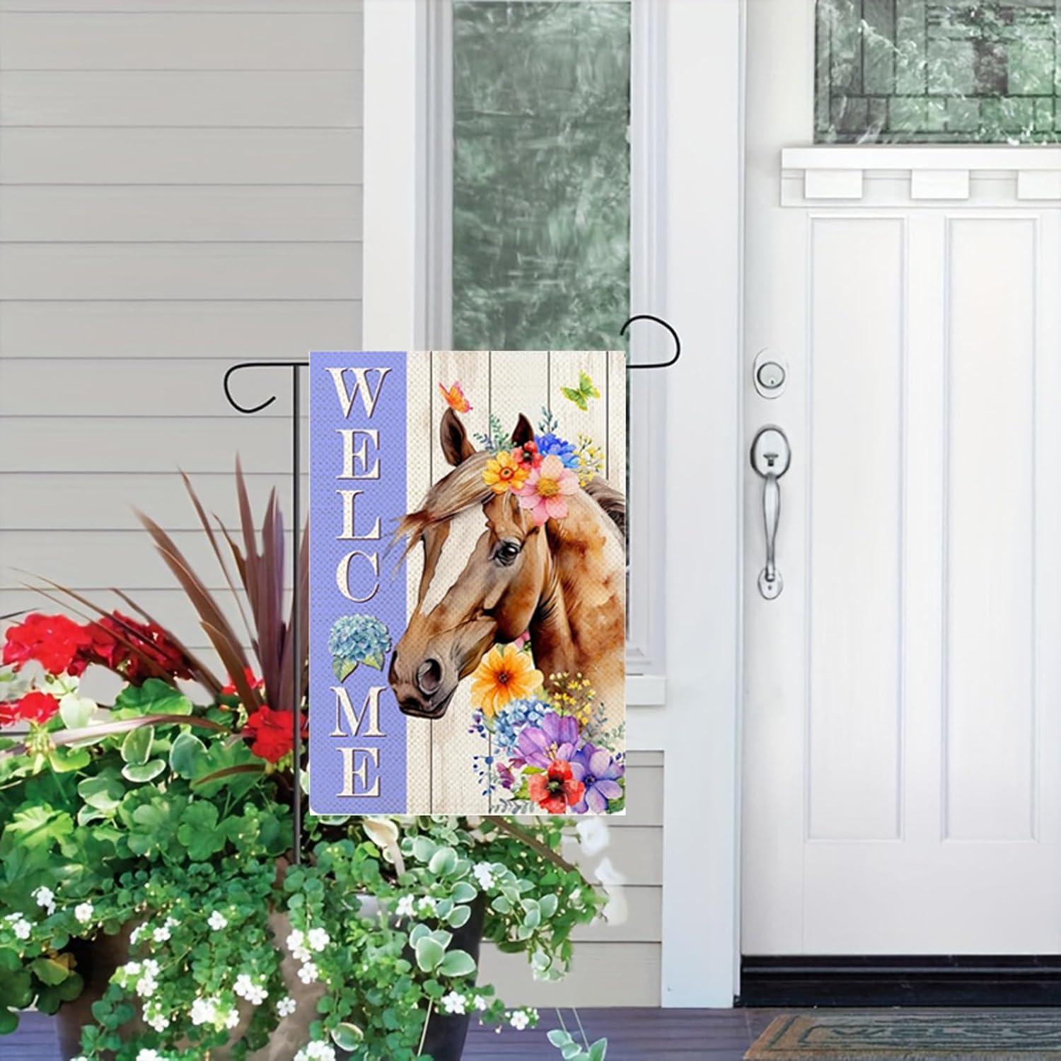 Spring Welcome Horse Garden Flag 12 x 18 inch Double Sided Outside decorations,Funny Cute Animal Small Garden Flags For Outdoor Yard Lawn