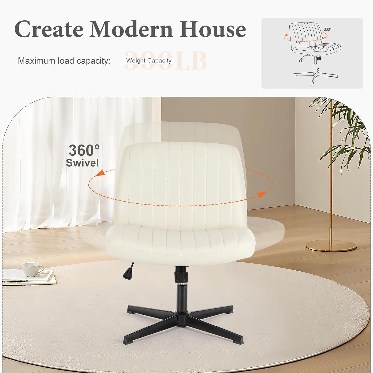 Sweetcrispy Criss Cross Chair Legged, Armless Office Desk Chair No Wheels, Swivel Vanity Chair, Height Adjustable Wide Seat Computer Task Chair, Fabric Vanity Modern Home Chair Cream
