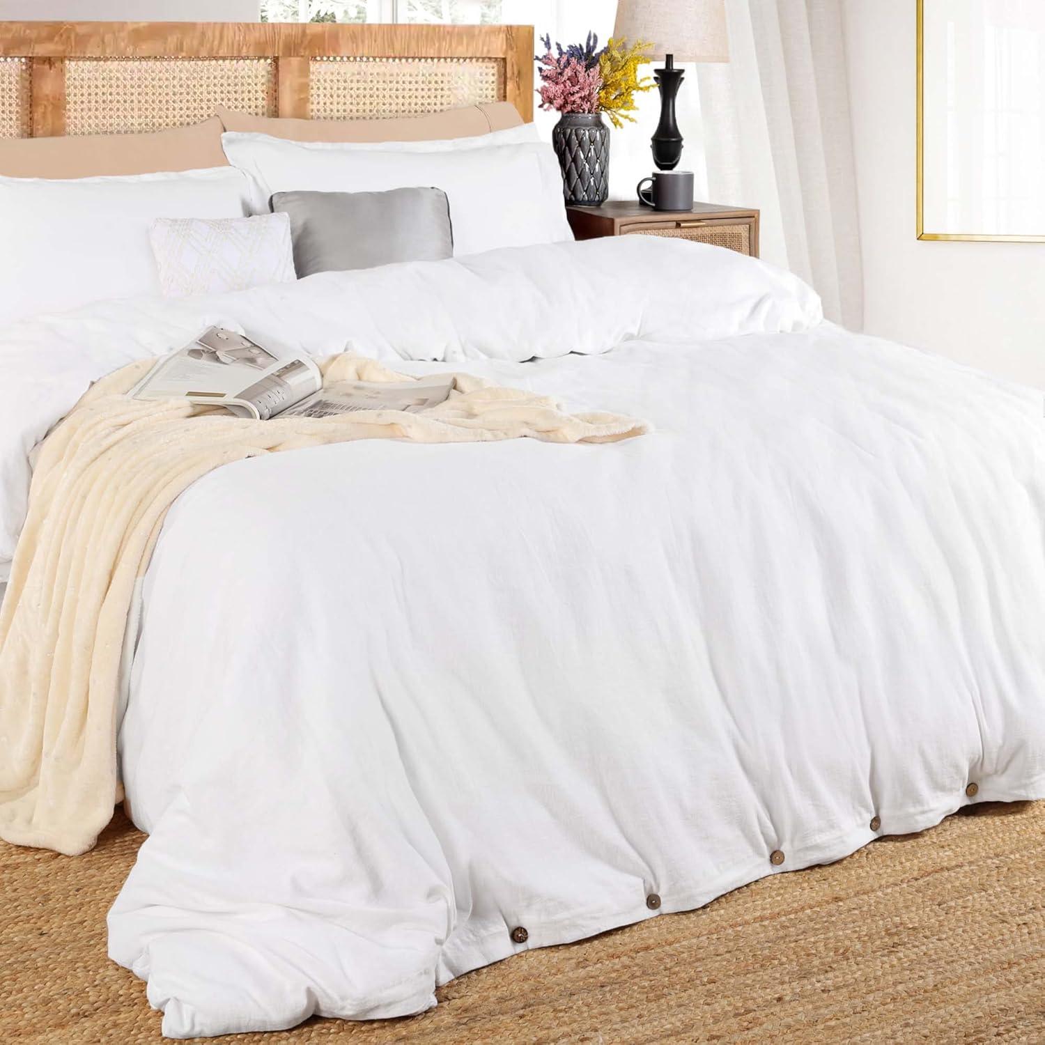 White Full/Queen Cotton Linen Duvet Cover Set with Button Closure