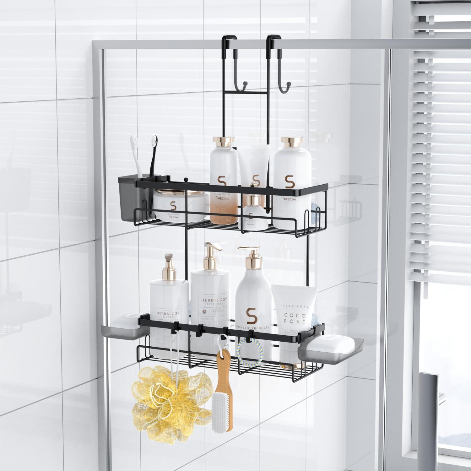 Black Stainless Steel Over the Door Shower Caddy with 6 Compartments