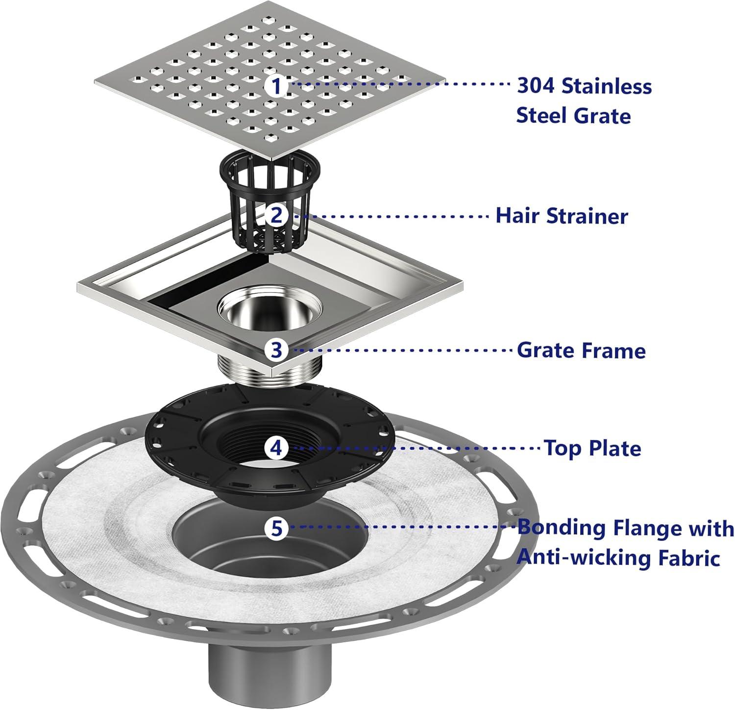 6" Square Brushed Stainless Steel Shower Drain with PVC Flange