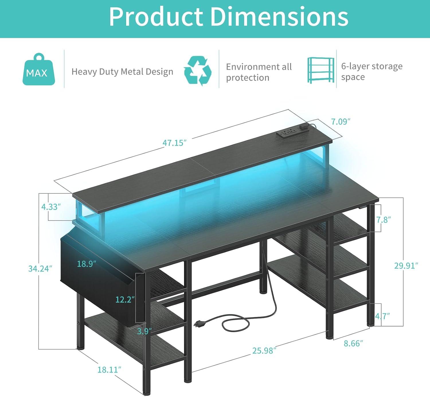 Lufeiya Gaming Desk with LED Lights and Storage Shelves, 47 inch Computer Desk with Power Outlets, Home Office Desk with Monitor Stand, Writing Table PC Desks, Black