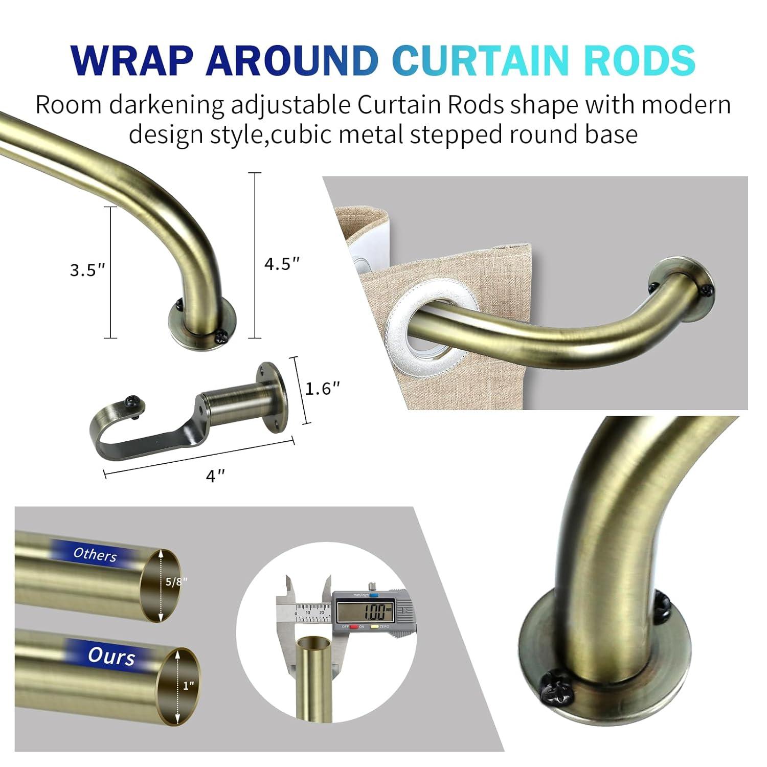 Urbanest Energy Saving Wrap Around Black Out Room Darkening Adjustable Window Curtain Metal Rod Set Heavy Duty, 1" Diameter, Antique Brass, 48"-84"