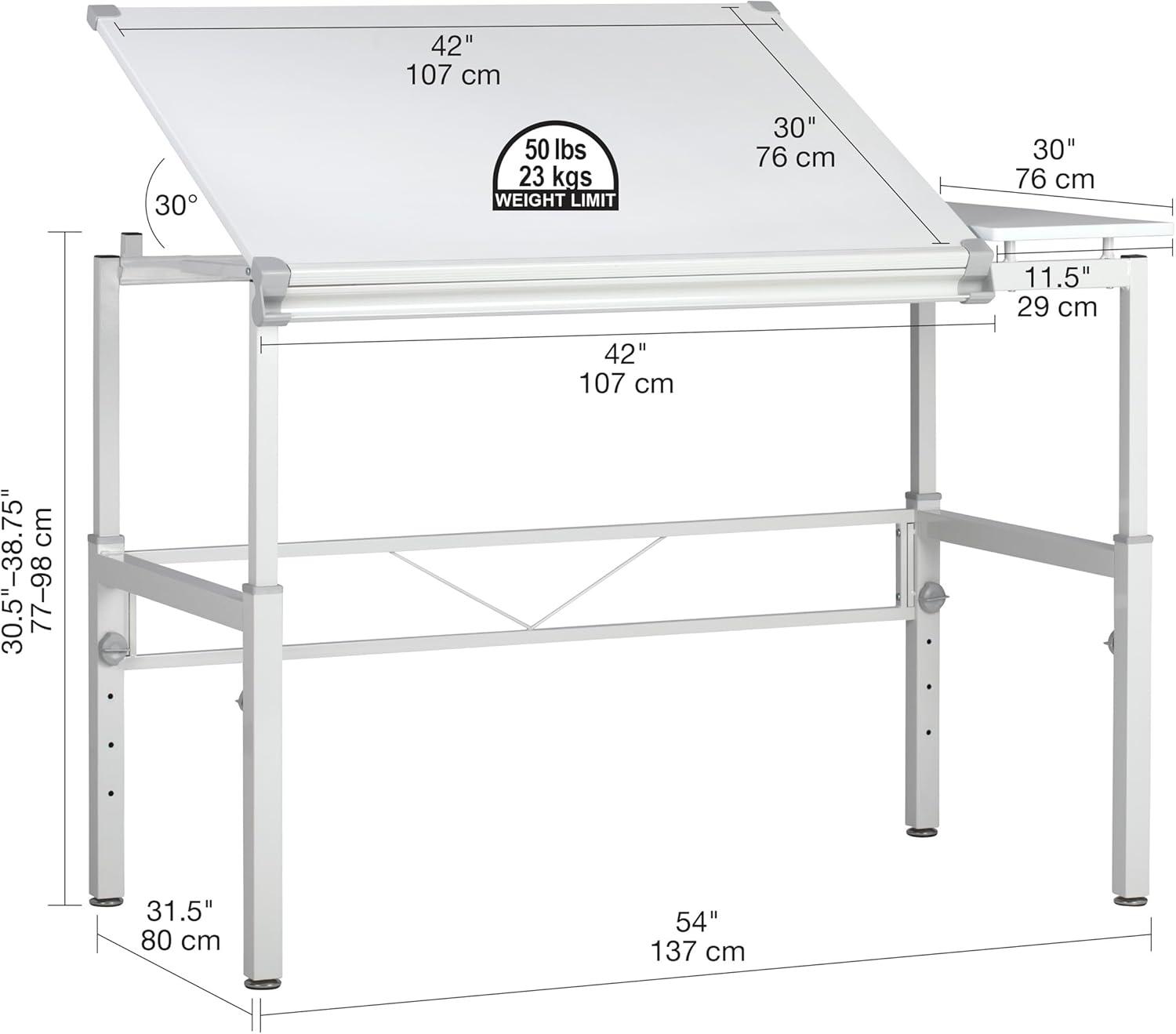 Adjustable White Wood Crafting Desk with Dual Top and Drawer