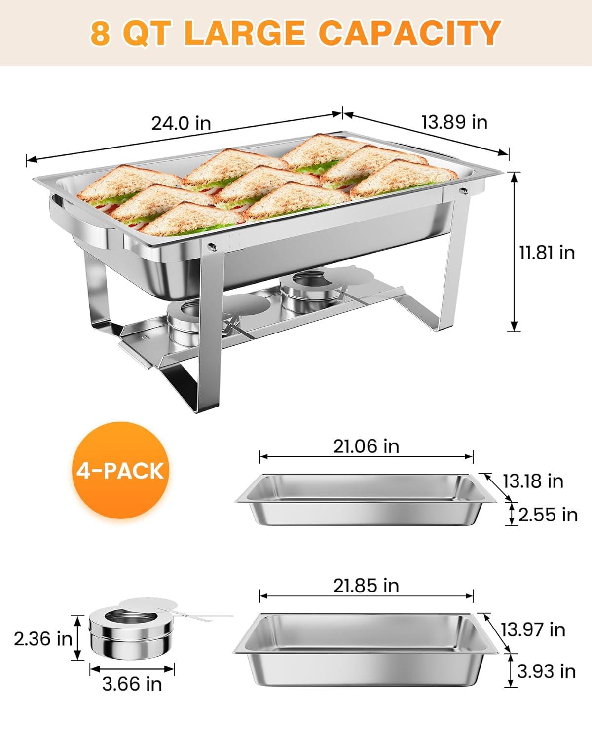 Chafing Dish Buffet Set 4 Pack, 8 QT Food Servers and Warmers Stainless Steel Chafer with Water Pan for Weddings, Parties, Banquets, and Catering