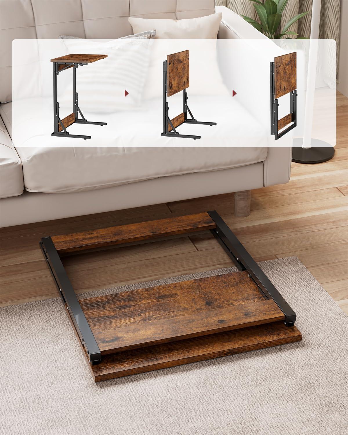 Folding TV Tray Table, 24" Wide C-Shaped End Table for Couches, Small Sofa-Side Laptop Desk with Metal Frame for Living Room, Bedroom, Rustic Brown