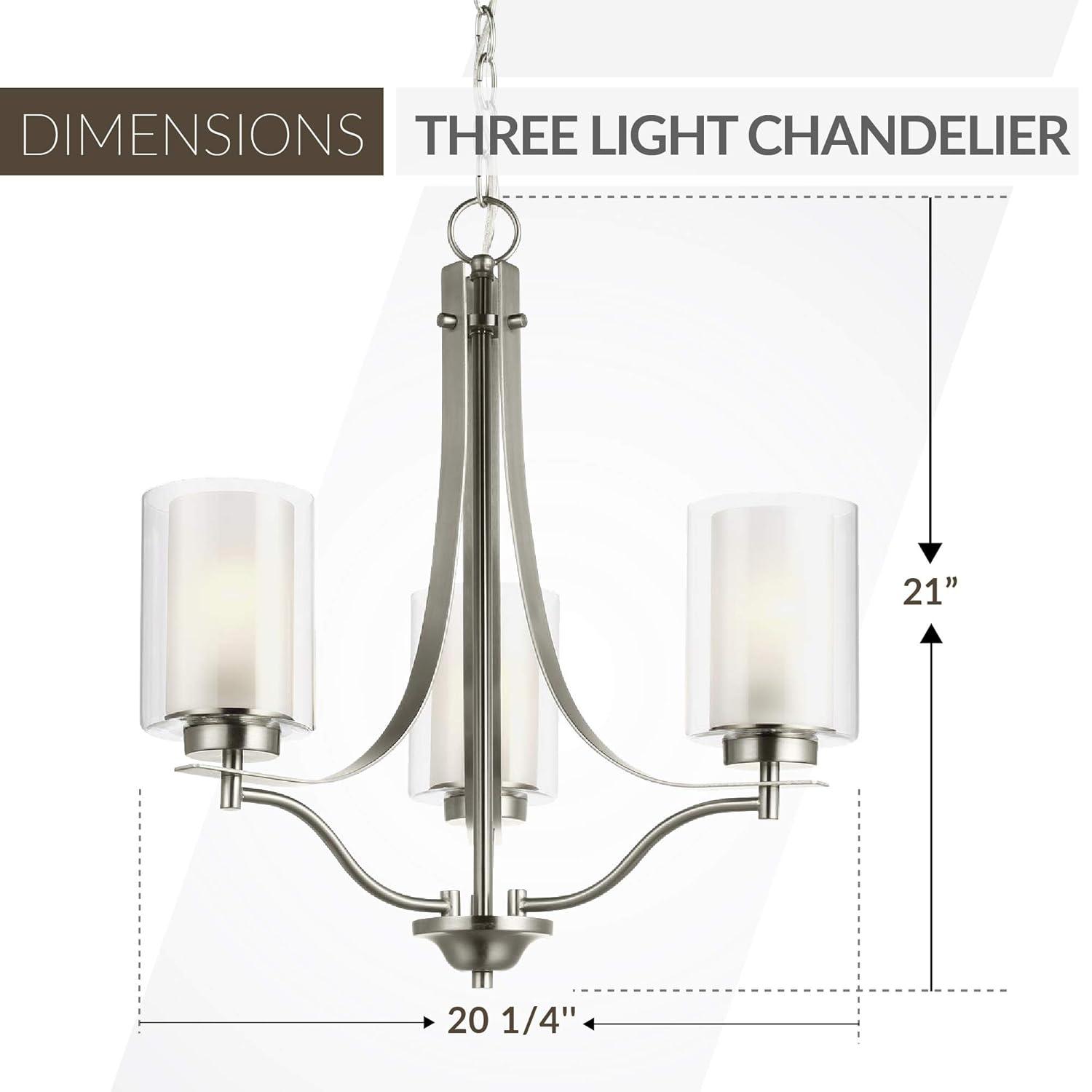 Elmwood 3-Light Brushed Nickel Modern Transitional Hanging Candlestick Chandelier with Satin Etched Glass Shades