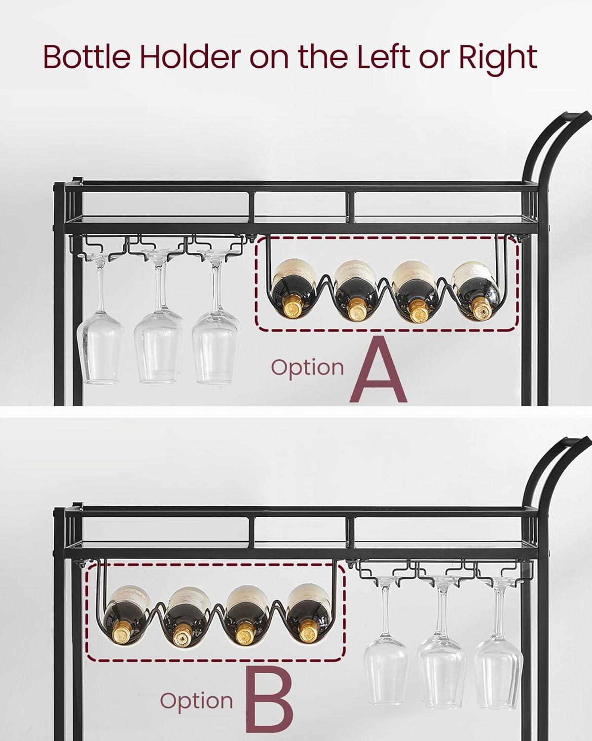VASAGLE Bar Cart Black, Home Bar Serving Cart, Wine Cart with 2 Mirrored Shelves, Wine Holders, Glass Holders, for Kitchen, Dining Room, Black ULRC090B62