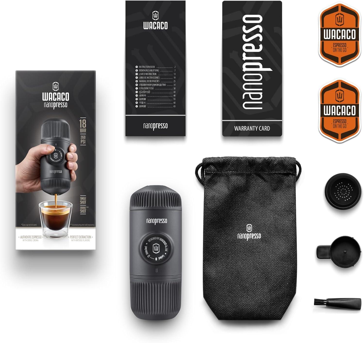 Wacaco Nanopresso Portable Espresso Maker, Upgrade Version of Minipresso, 18 Bar Pressure, Small Travel New Coffee Maker, Manually Operated. Perfect for Kitchen and Office