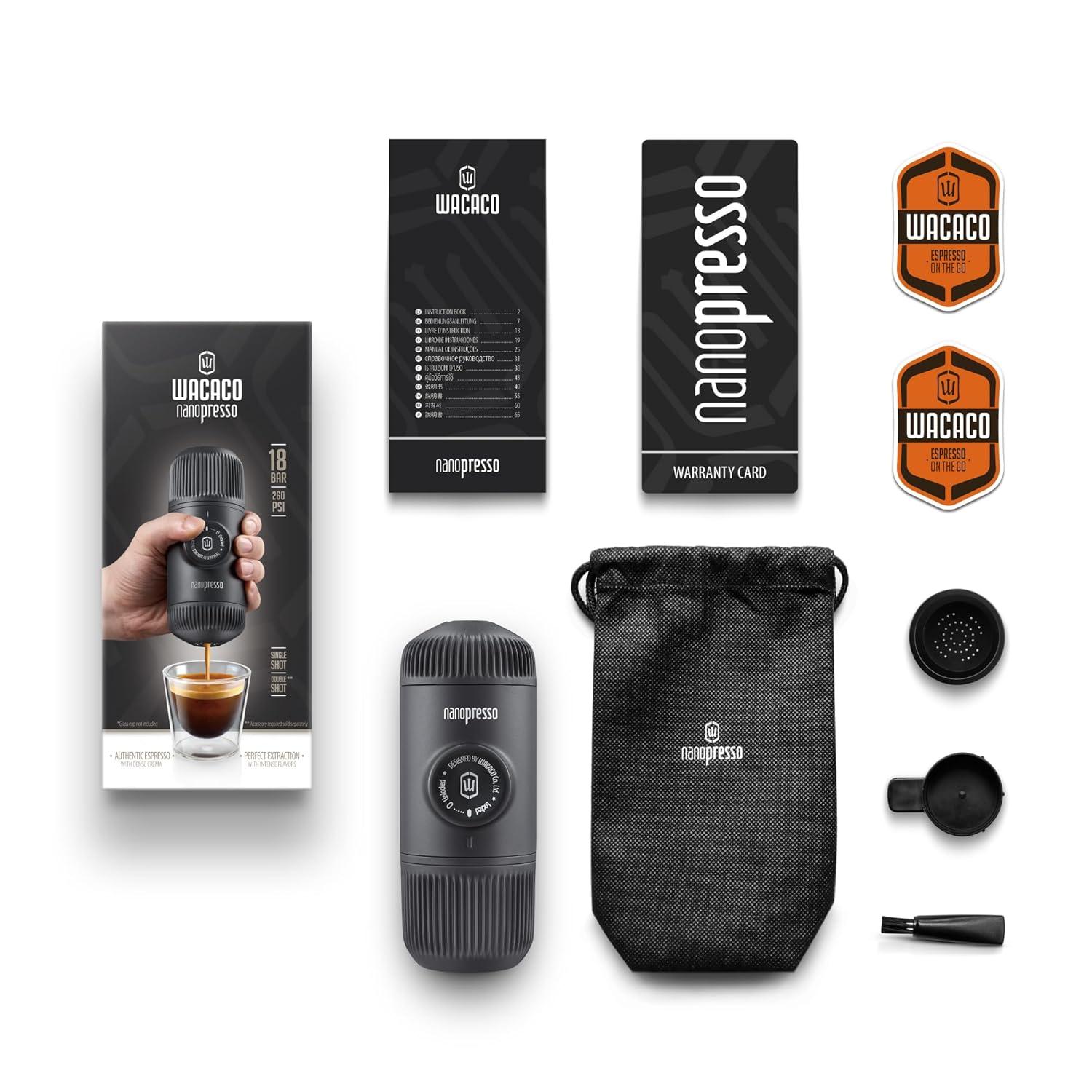 Wacaco Nanopresso Portable Espresso Maker, Upgrade Version of Minipresso, 18 Bar Pressure, Small Travel New Coffee Maker, Manually Operated. Perfect for Kitchen and Office
