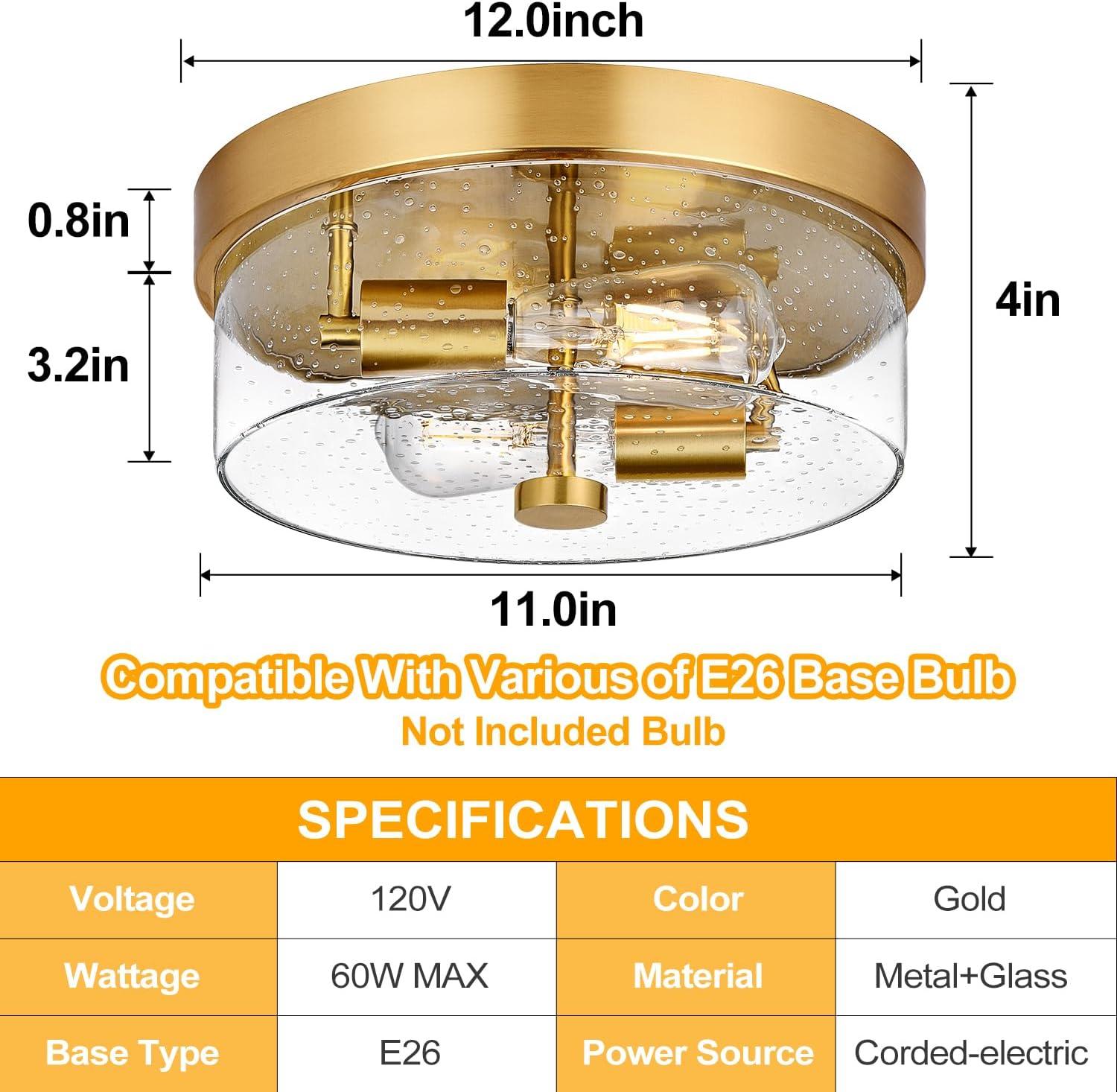 Flush Mount Ceiling Light Fixtures, 2-Light Brass Ceiling Mount for Farmhouse with Seeded Glass Lampshade, Industrial Hall Flush Mount Light Fixture for Hallway, Kitchen, Entryway, Bedroom and Foyer