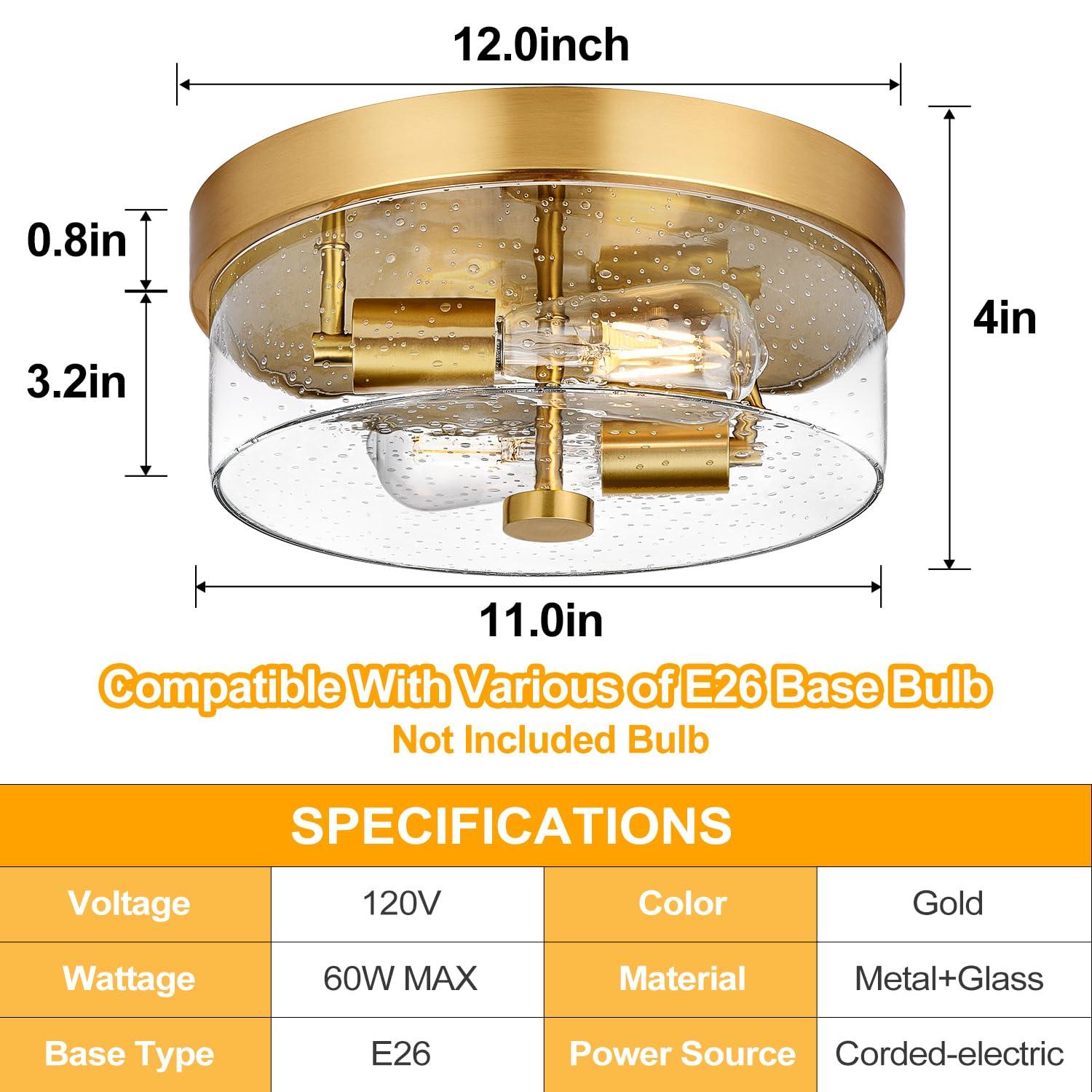 Flush Mount Ceiling Light Fixtures, 2-Light Brass Ceiling Mount for Farmhouse with Seeded Glass Lampshade, Industrial Hall Flush Mount Light Fixture for Hallway, Kitchen, Entryway, Bedroom and Foyer